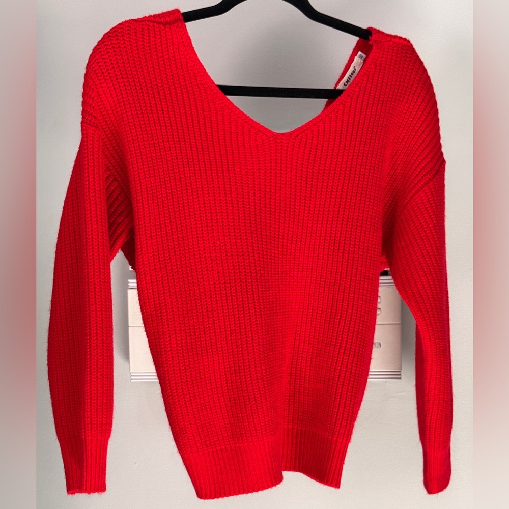 Red V-Neck Ribbed Sweater